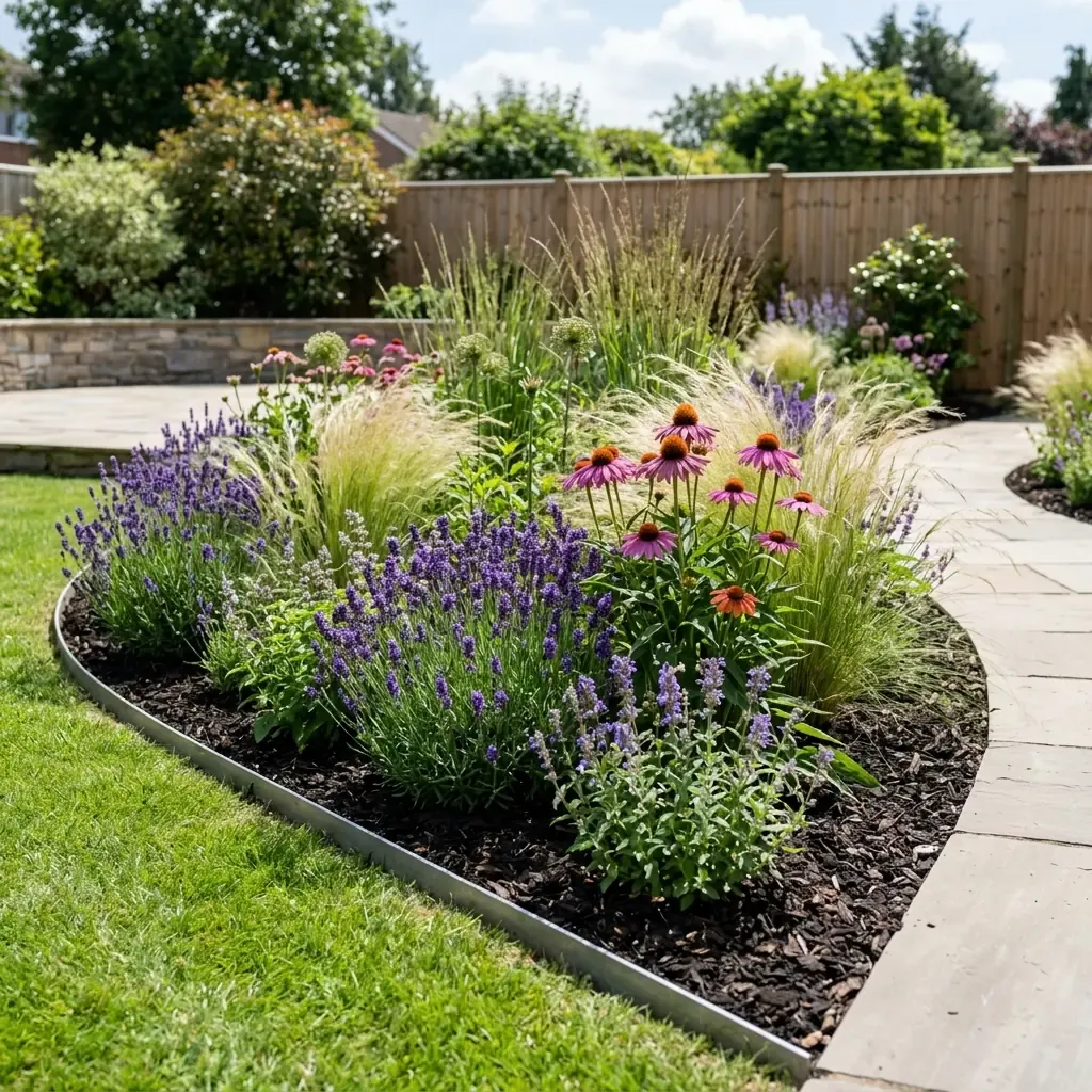 Kompozycja rabatowa z bylin i traw ozdobnych — ogród naturalistyczny