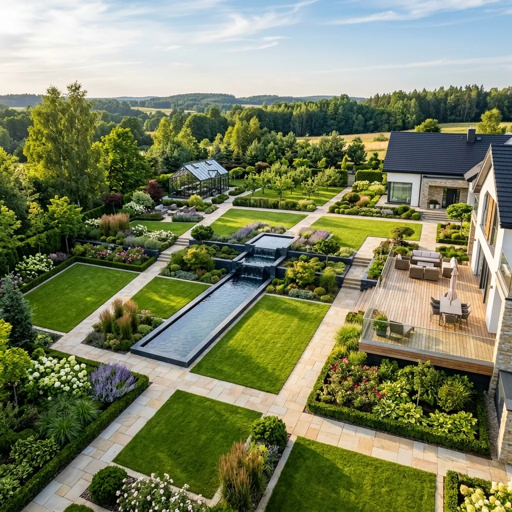 Luksusowy ogród z lotu ptaka z geometrycznymi ścieżkami i oczkiem wodnym