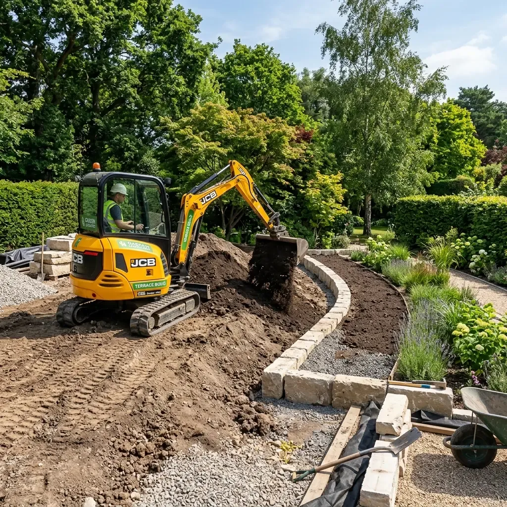 Koparka przy pracach ziemnych — budowa ogrodu, Free-Dom Ogrody
