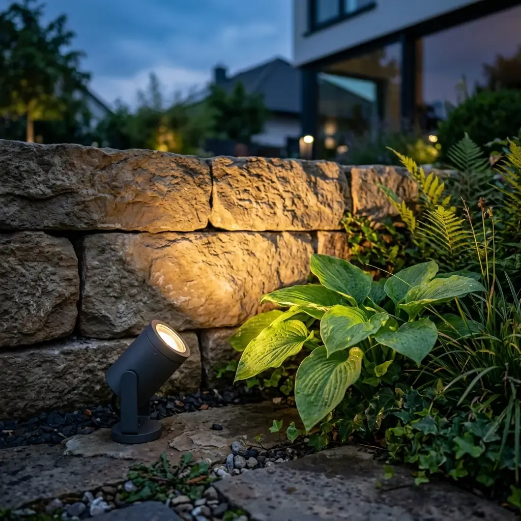 Kinkiety zewnętrzne i reflektory punktowe oświetlające mur po zmroku