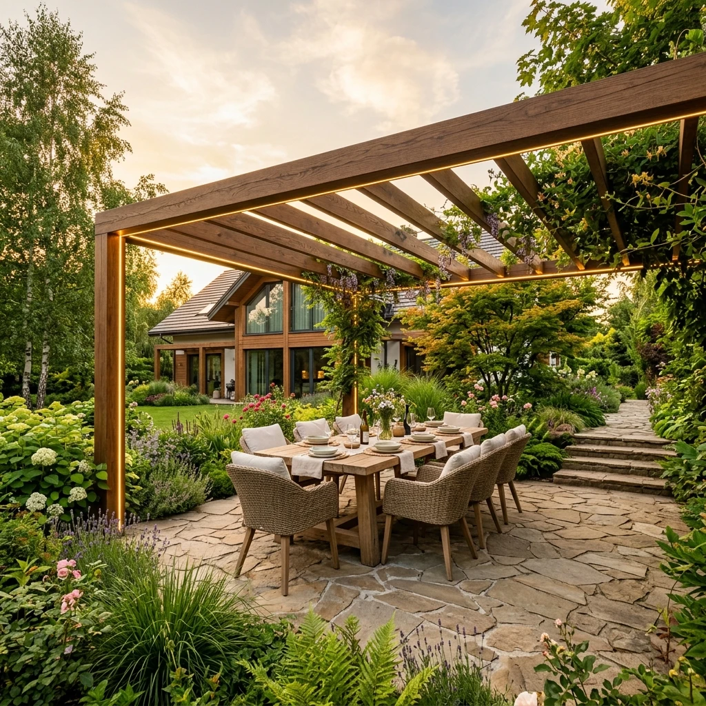 Taras drewniany z pergolą ogrodową — Free-Dom Ogrody Małopolska