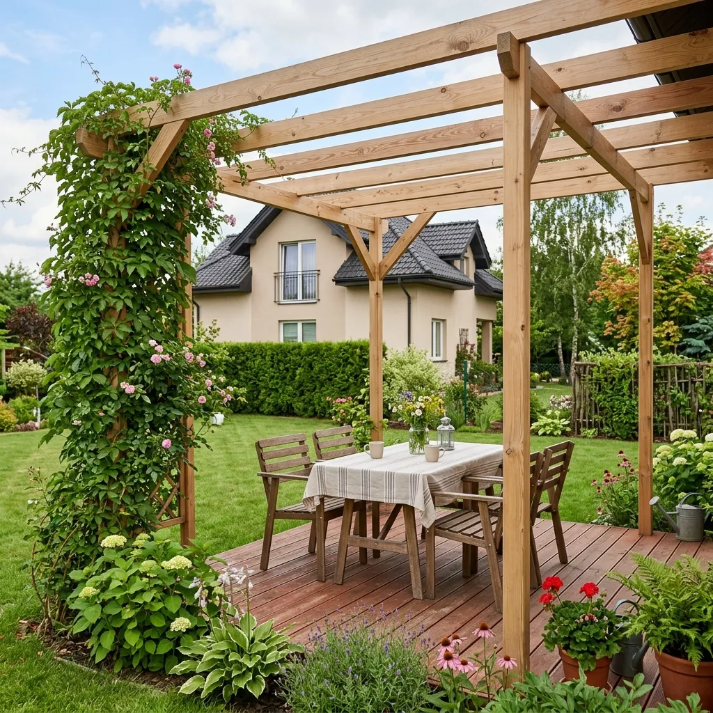 Drewniana pergola ogrodowa z tarasem — realizacja Free-Dom Ogrody