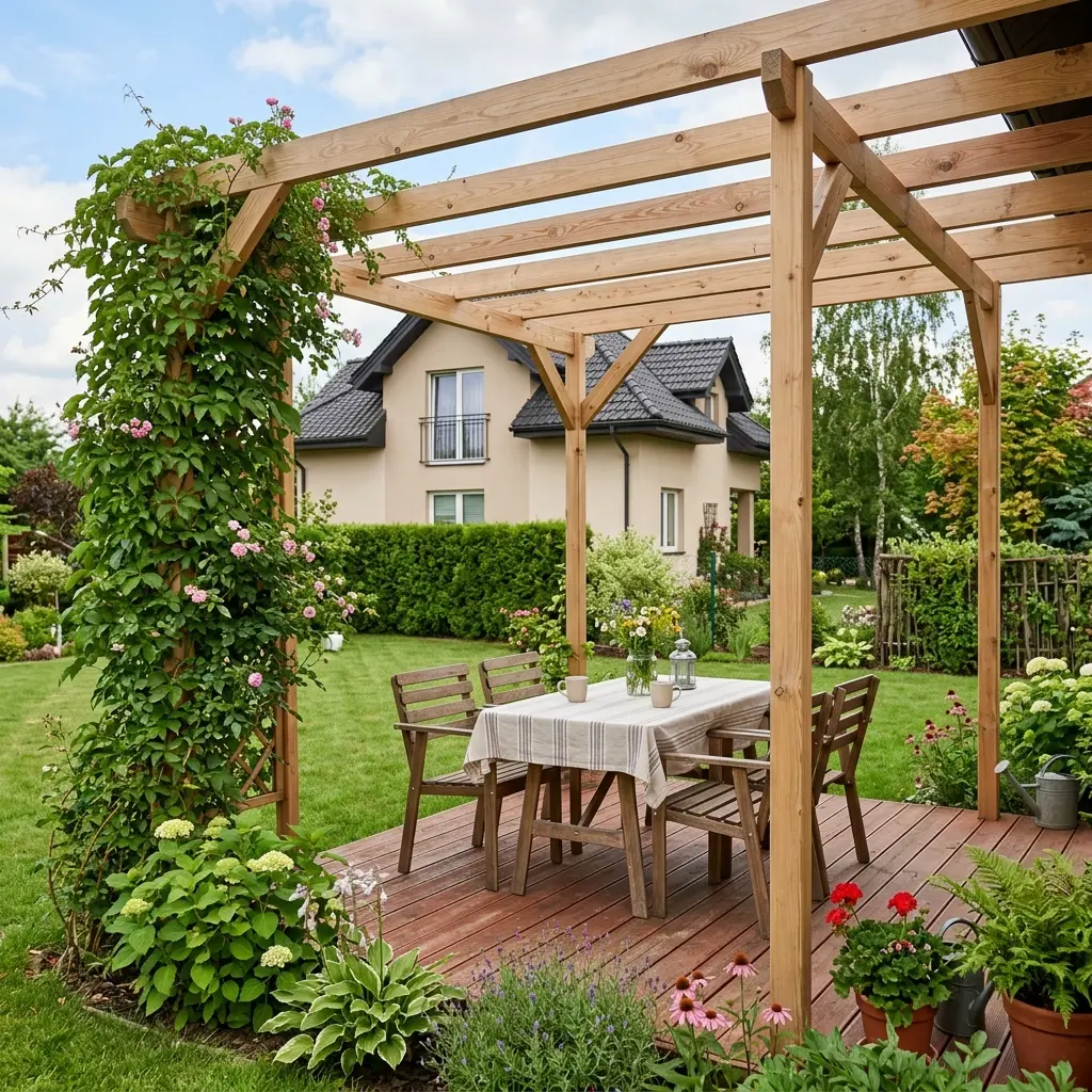 Drewniana pergola ogrodowa z tarasem — realizacja Free-Dom Ogrody