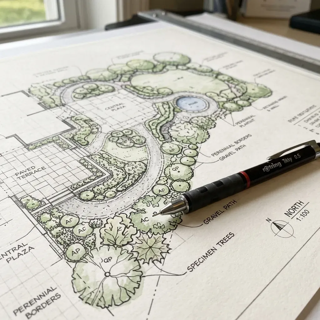 Projekt ogrodu — szkice i rysunki techniczne architektury krajobrazu