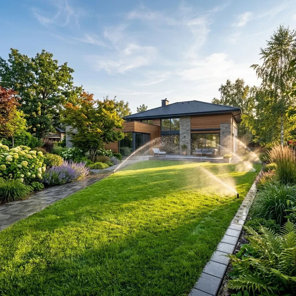 Zraszacze nawadniające zielony trawnik przed domem — nowoczesny system nawadniania